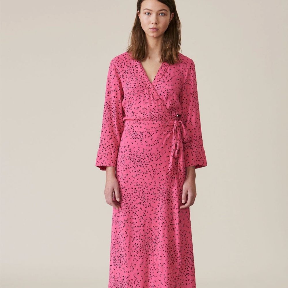 🔥 NWT Ganni Barra Pink Floral Print Crepe Wrap Maxi Dress Size 36/small